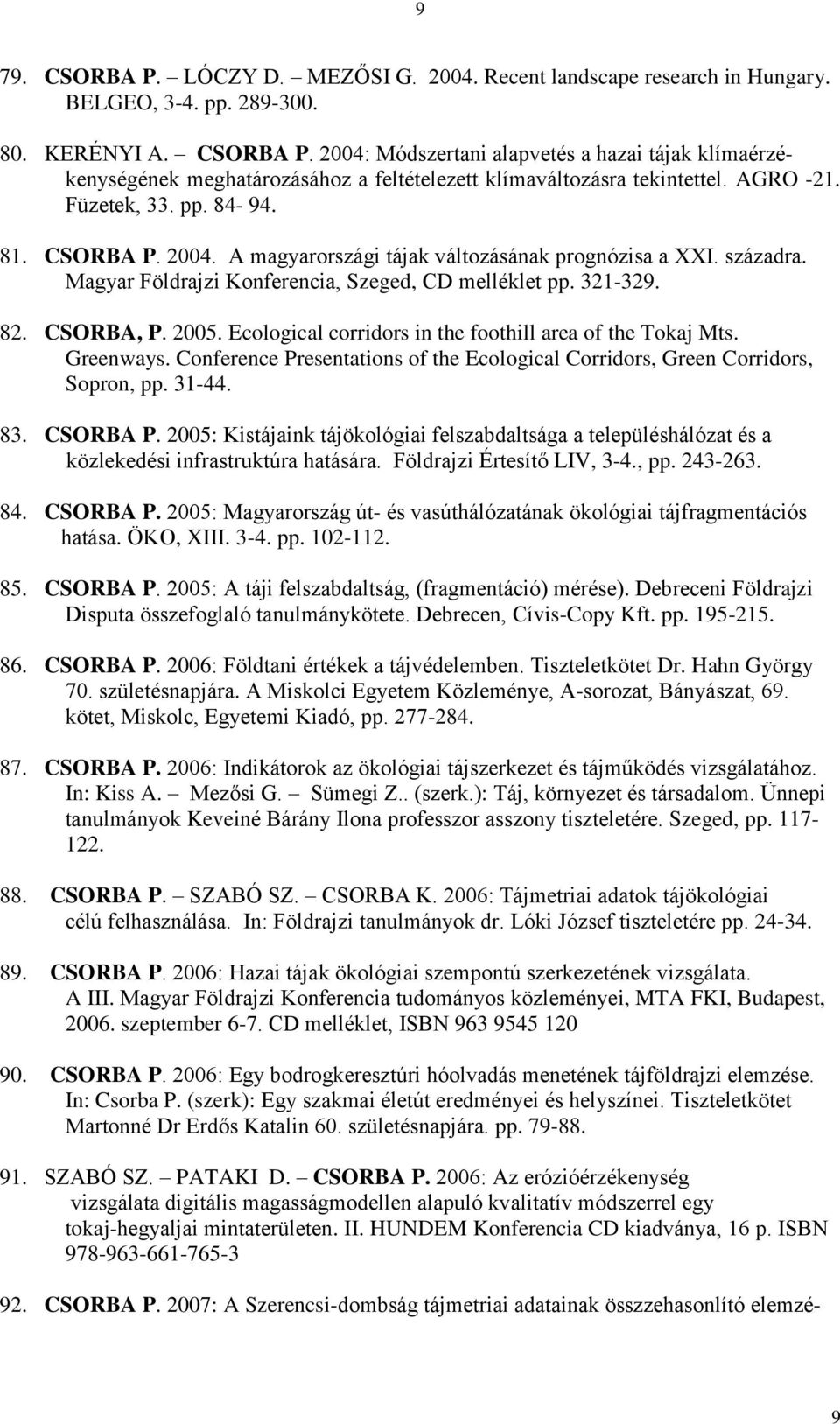 2005. Ecological corridors in the foothill area of the Tokaj Mts. Greenways. Conference Presentations of the Ecological Corridors, Green Corridors, Sopron, pp. 31-44. 83. CSORBA P.
