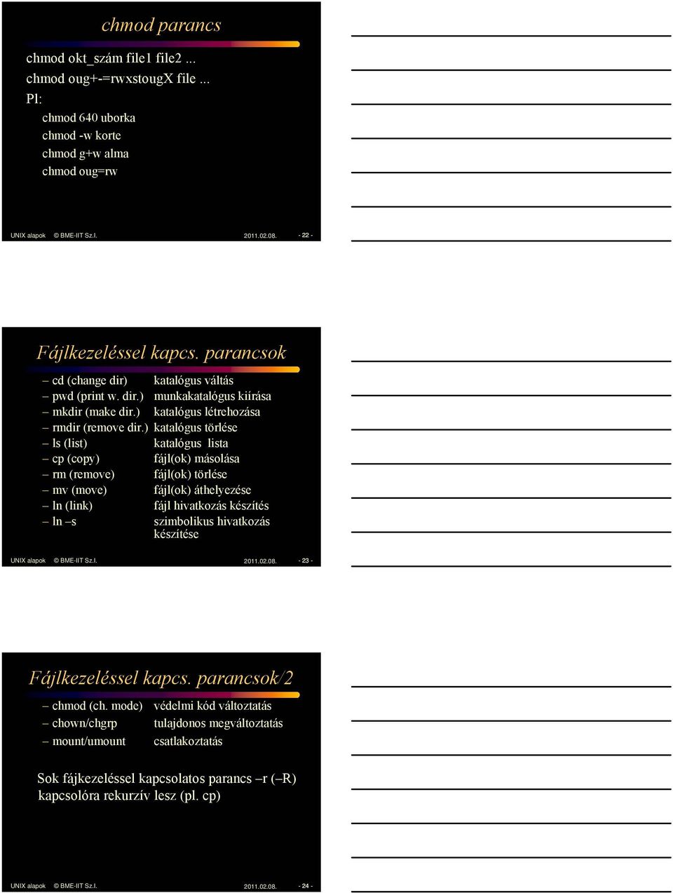 ) katalógus törlése ls (list) katalógus lista cp (copy) fájl(ok) másolása rm (remove) fájl(ok) törlése mv (move) fájl(ok) áthelyezése ln (link) fájl hivatkozás készítés ln s szimbolikus