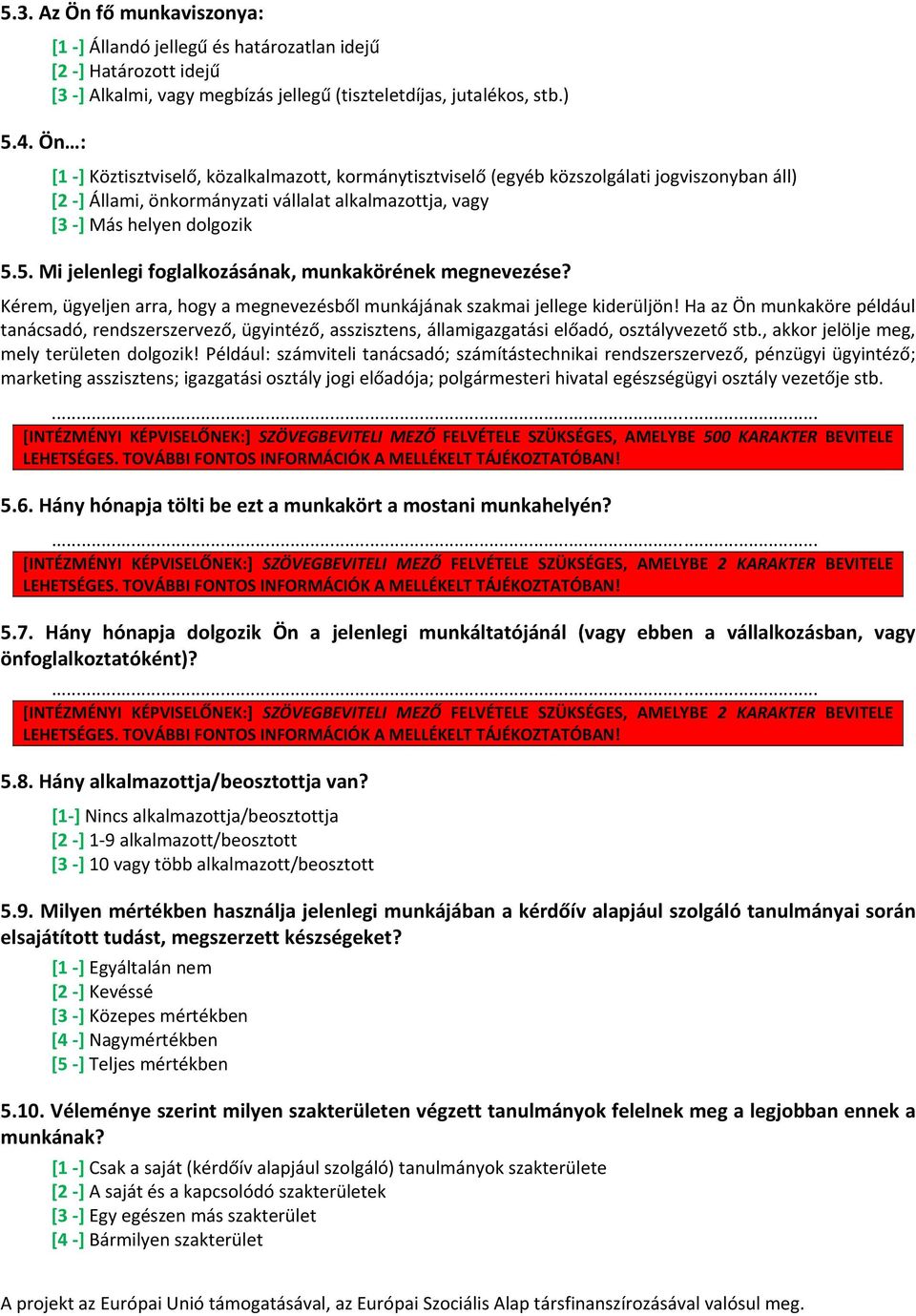 5. Mi jelenlegi foglalkozásának, munkakörének megnevezése? Kérem, ügyeljen arra, hogy a megnevezésből munkájának szakmai jellege kiderüljön!