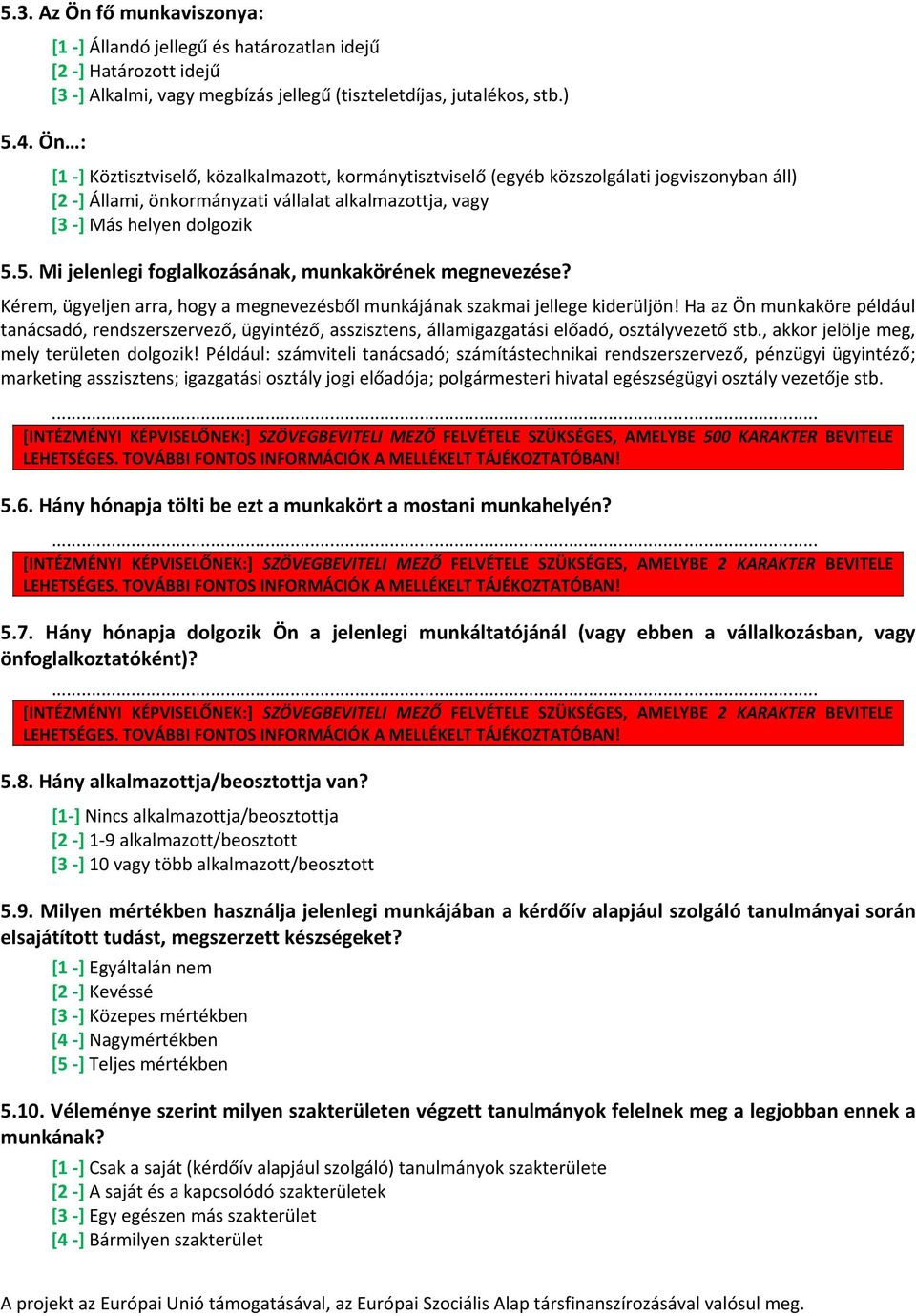 5. Mi jelenlegi foglalkozásának, munkakörének megnevezése? Kérem, ügyeljen arra, hogy a megnevezésből munkájának szakmai jellege kiderüljön!