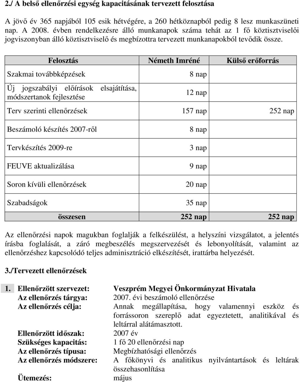 Szakmai továbbképzések Felosztás Németh Imréné Külső erőforrás Új jogszabályi előírások elsajátítása, módszertanok fejlesztése 8 nap 12 nap Terv szerinti k 157 nap 252 nap Beszámoló készítés 2007-ről