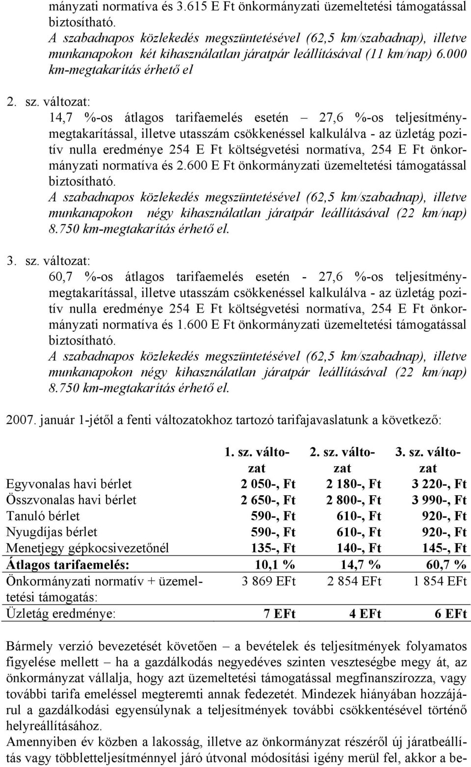 átlagos tarifaemelés esetén 27,6 %-os teljesítménymegtakarítással, illetve utasszám csökkenéssel kalkulálva - az üzletág pozitív nulla eredménye 254 E Ft költségvetési normatíva, 254 E Ft
