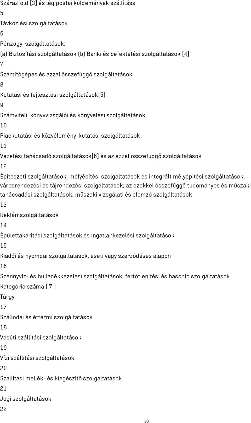 Vezetési tanácsadó szolgáltatások[6] és az ezzel összefüggő szolgáltatások 12 Építészeti szolgáltatások; mélyépítési szolgáltatások és integrált mélyépítési szolgáltatások; városrendezési és