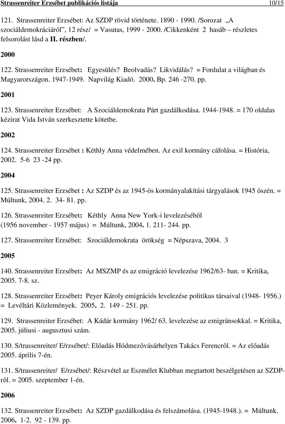 2000. Bp. 246-270. pp. 2001 123. Strassenreiter Erzsébet: A Szociáldemokrata Párt gazdálkodása. 1944-1948. = 170 oldalas kézirat Vida István szerkesztette kötetbe. 2002 124.