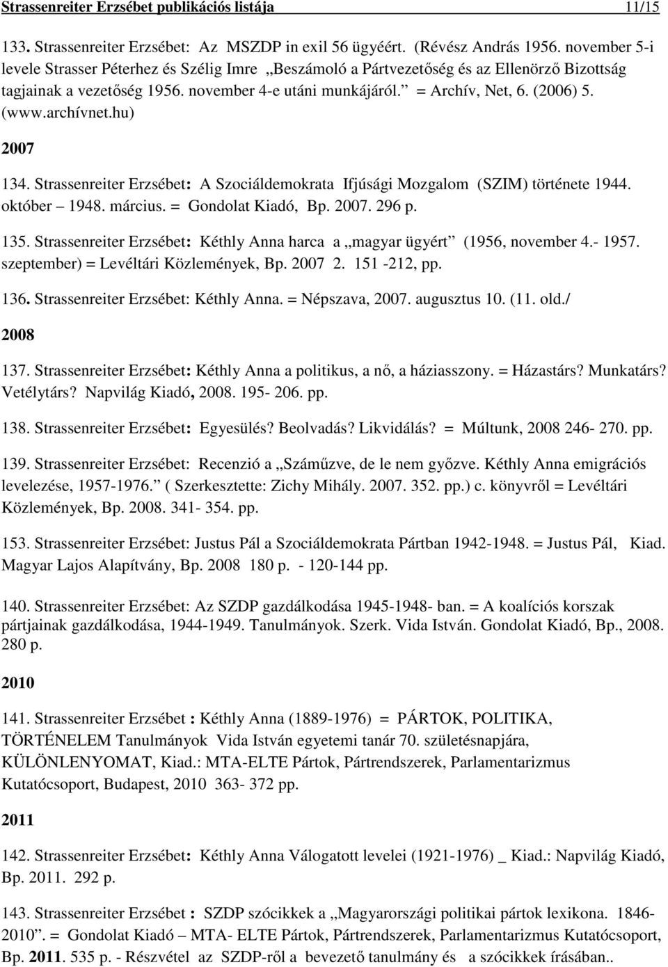 archívnet.hu) 2007 134. Strassenreiter Erzsébet: A Szociáldemokrata Ifjúsági Mozgalom (SZIM) története 1944. október 1948. március. = Gondolat Kiadó, Bp. 2007. 296 p. 135.