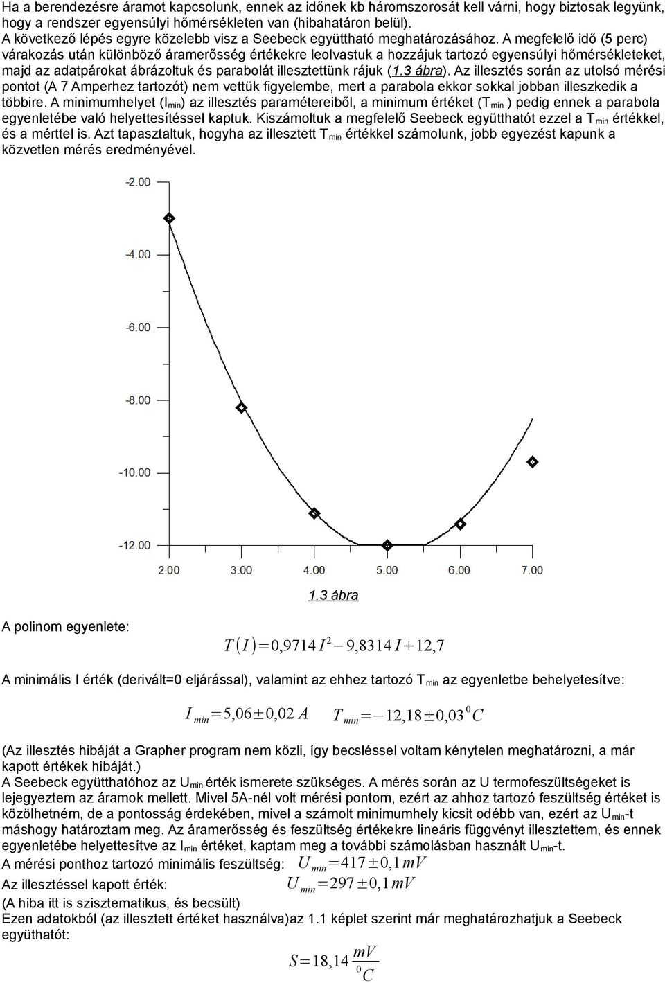 A megfelelő idő (5 perc) várakozás után különböző áramerősség értékekre leolvastuk a hozzájuk tartozó egyensúlyi hőmérsékleteket, majd az adatpárokat ábrázoltuk és parabolát illesztettünk rájuk (1.