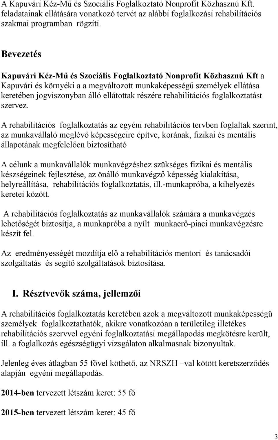 rehabilitációs foglalkoztatást szervez.