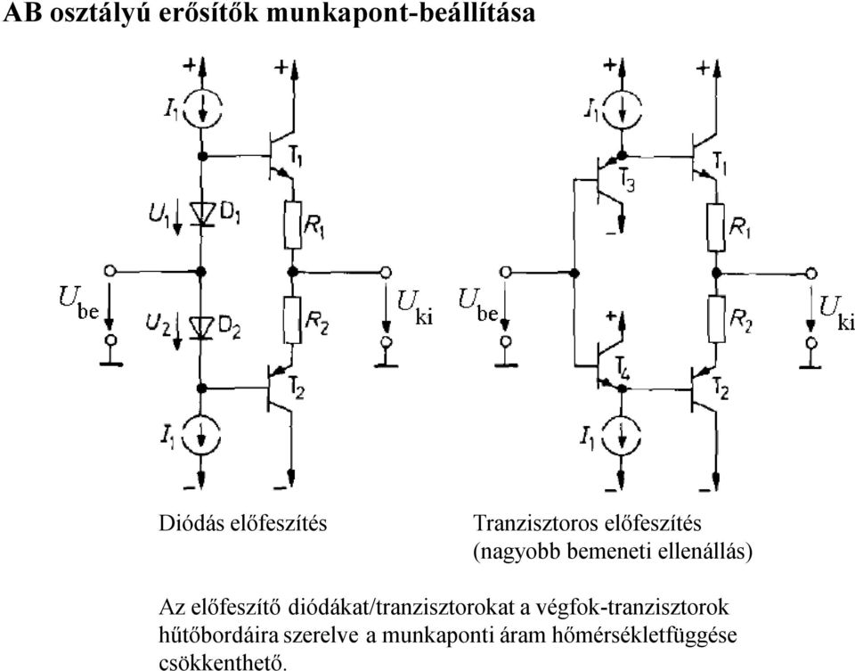 előfeszítő diódákat/tranzisztorokat a végfok-tranzisztorok