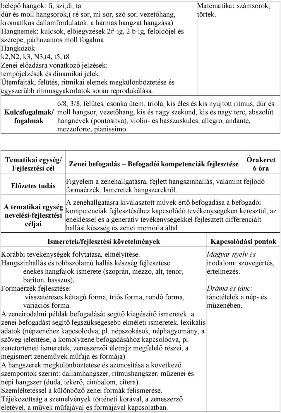 Ütemfajták, felütés, ritmikai elemek megkülönböztetése és egyszerűbb ritmusgyakorlatok során reprodukálása. Kulcs/ Matematika: számsorok, törtek.