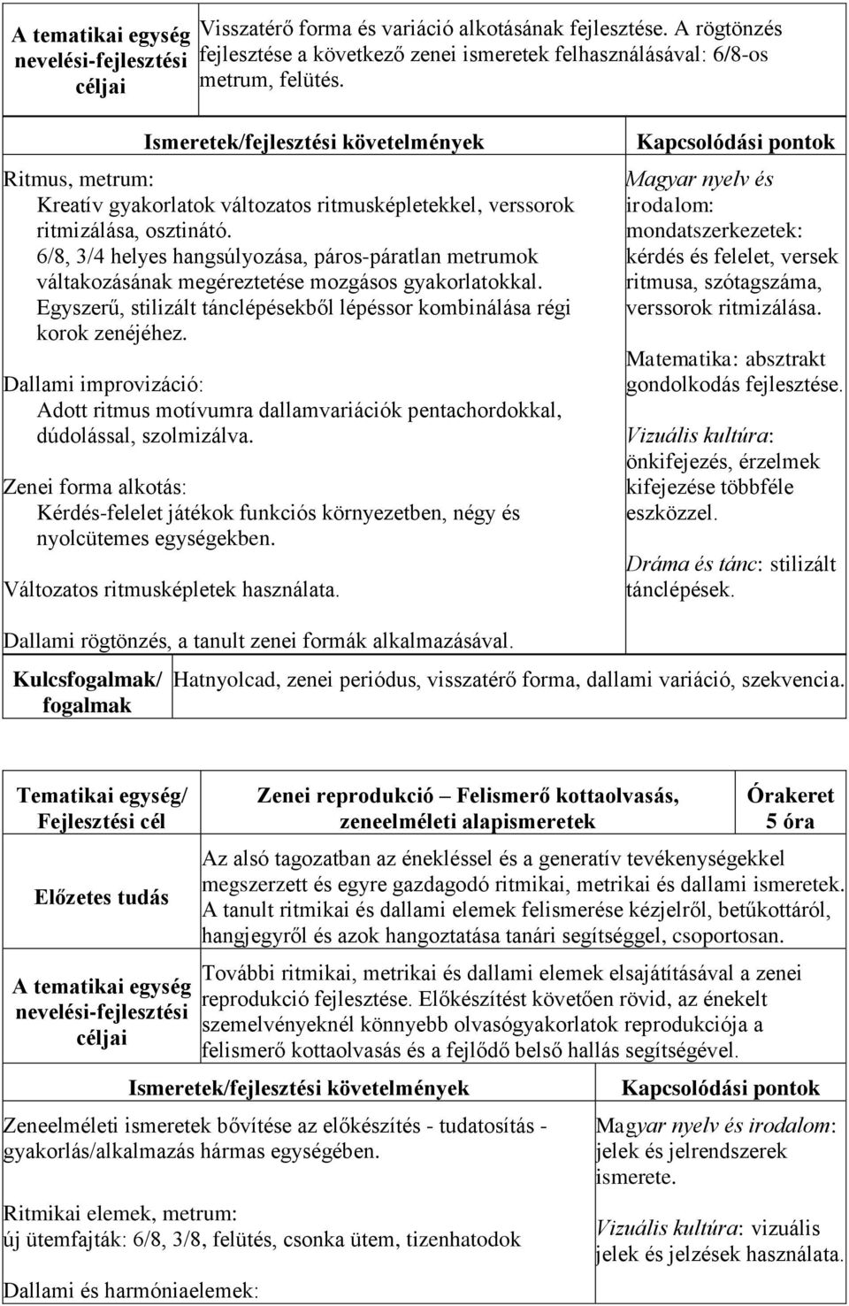 6/8, 3/4 helyes hangsúlyozása, páros-páratlan metrumok váltakozásának megéreztetése mozgásos gyakorlatokkal. Egyszerű, stilizált tánclépésekből lépéssor kombinálása régi korok zenéjéhez.