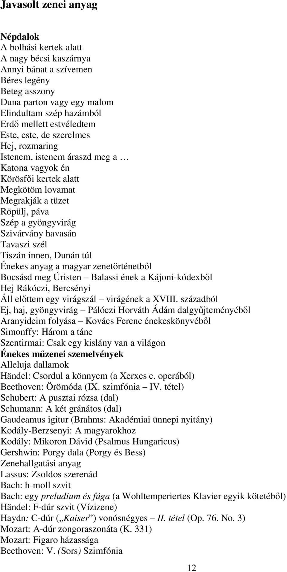 havasán Tavaszi szél Tiszán innen, Dunán túl Énekes anyag a magyar zenetörténetből Bocsásd meg Úristen Balassi ének a Kájoni-kódexből Hej Rákóczi, Bercsényi Áll előttem egy virágszál virágének a