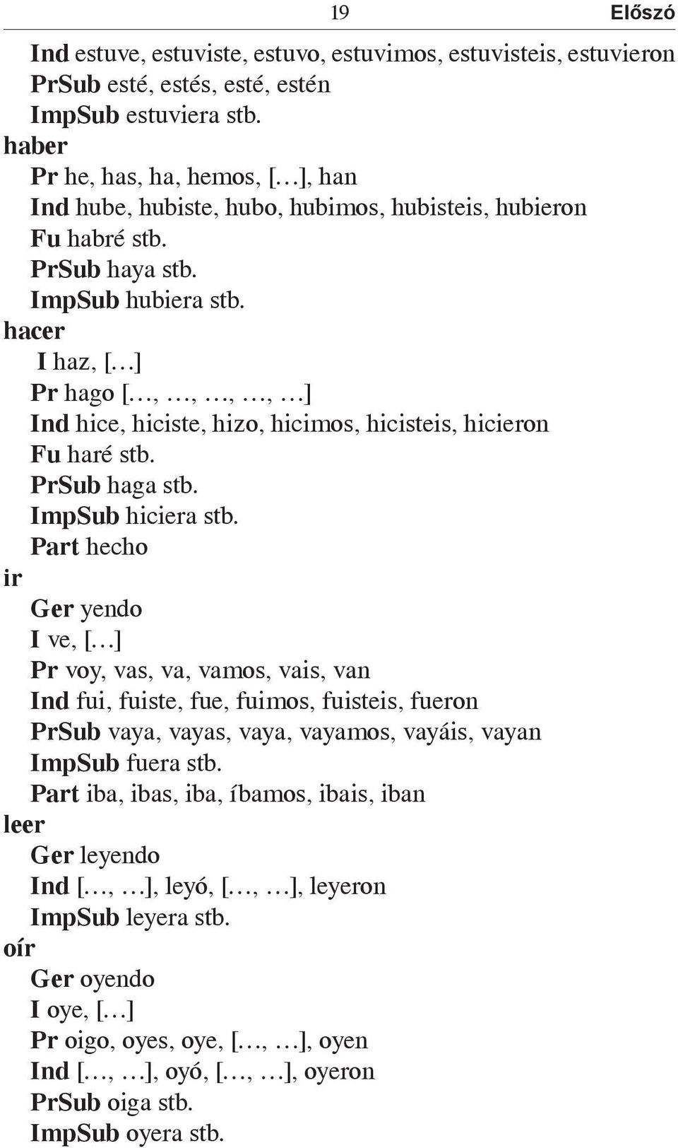 hacer I haz, [ ] Pr hago [,,,, ] Ind hice, hiciste, hizo, hicimos, hicisteis, hicieron Fu haré stb. PrSub haga stb. ImpSub hiciera stb.