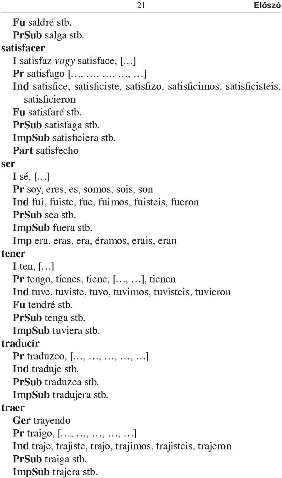 ImpSub satisficiera stb. Part satisfecho ser I sé, [ ] Pr soy, eres, es, somos, sois, son Ind fui, fuiste, fue, fuimos, fuisteis, fueron PrSub sea stb. ImpSub fuera stb.