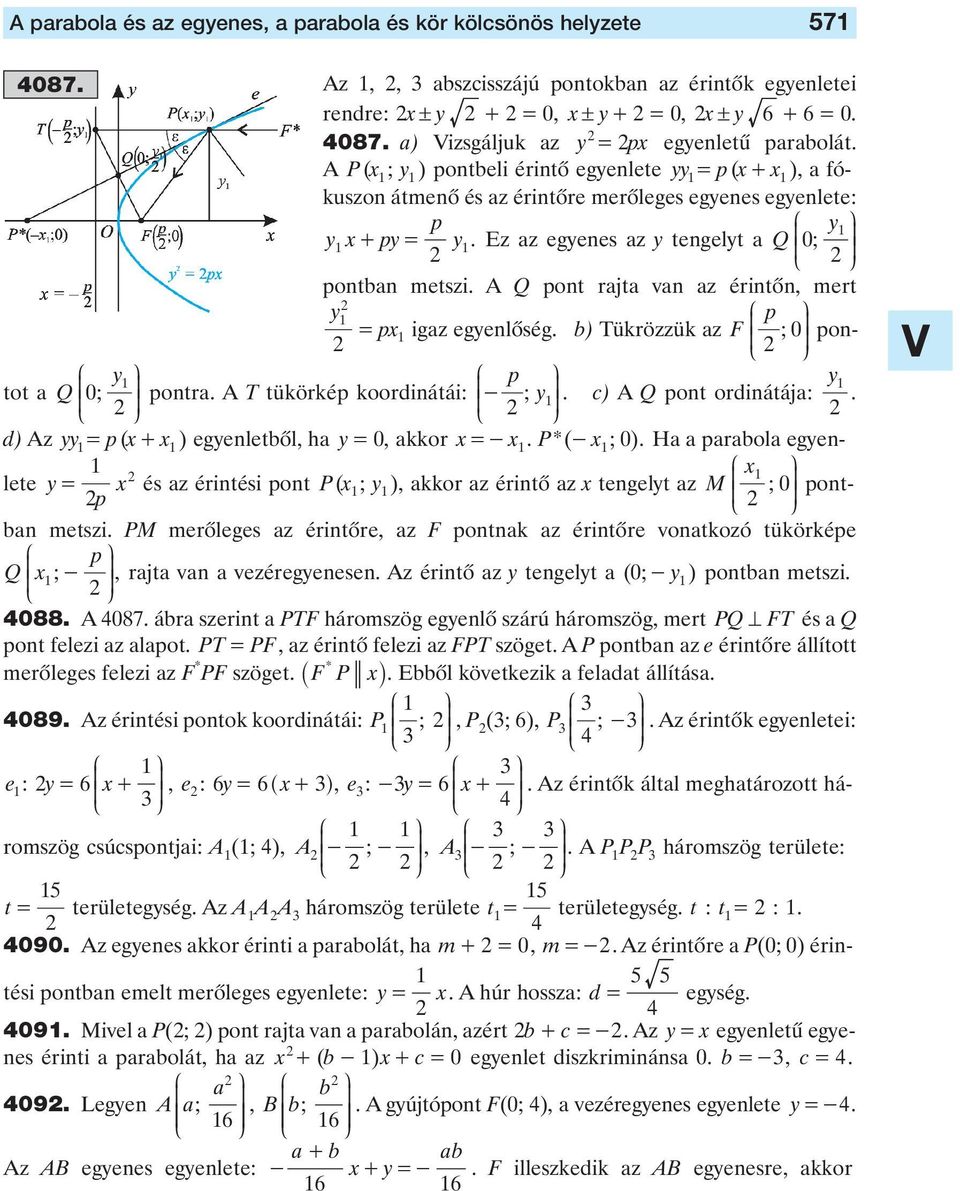 tengelyt a Q 0 pontan metszi A Q pont rajta van az érintôn mert y = p igaz egyenlôség ) Tükrözzük az F p 0 pontot a Q y p y 0 pontra A T tükörkép koordinátái: - y c) A Q pont ordinátája: d) Az yy= p