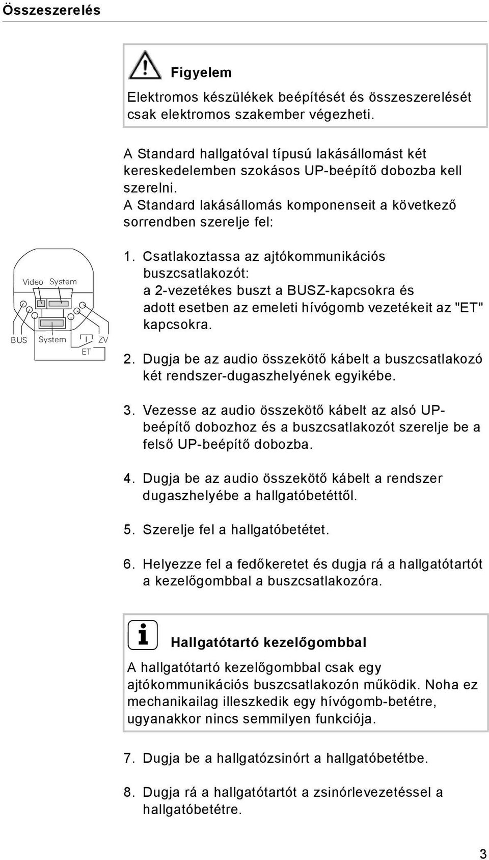 A Standard lakásállomás komponenseit a következő sorrendben szerelje fel: Video System BUS System ZV ET 1.