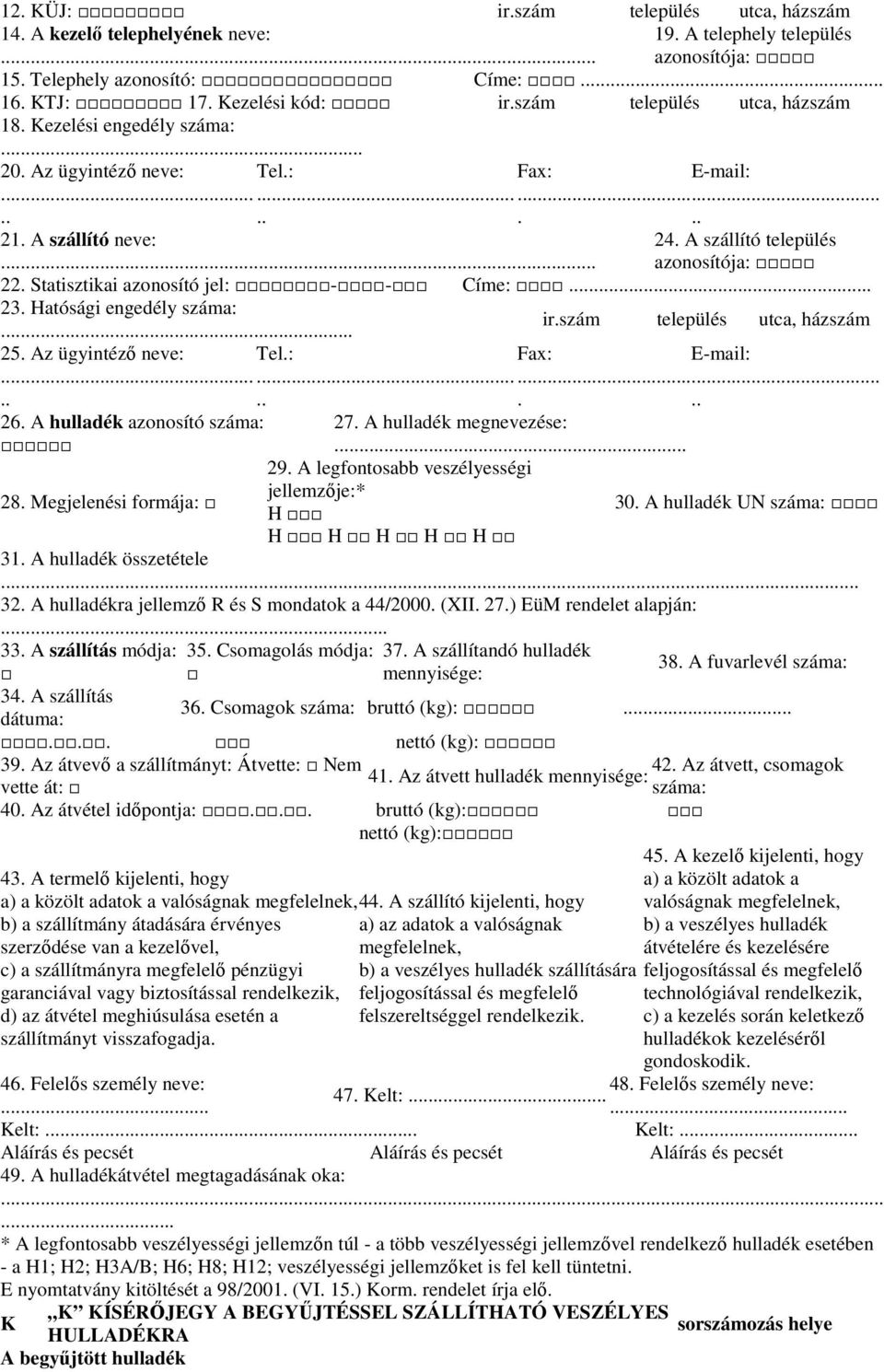 Hatósági engedély száma:... ir.szám település utca, házszám 25. Az ügyintézı neve: Tel.: Fax: E-mail:................ 26. A hulladék azonosító száma: 27. A hulladék megnevezése:... 28.