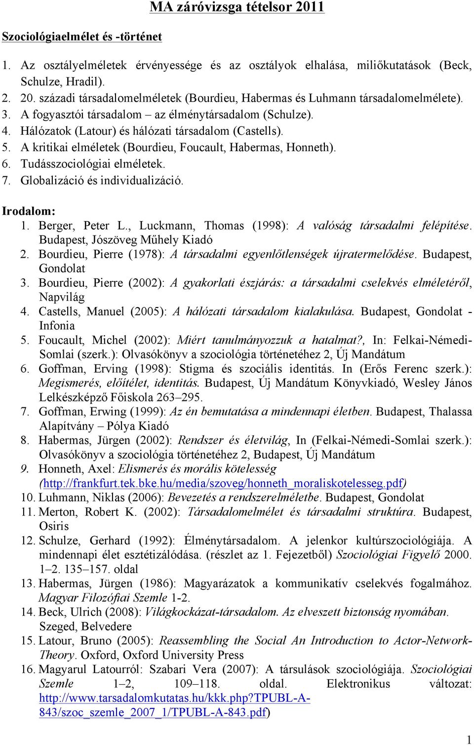 Tudásszociológiai elméletek. 7. Globalizáció és individualizáció. Irodalom: 1. Berger, Peter L., Luckmann, Thomas (1998): A valóság társadalmi felépítése. Budapest, Jószöveg Műhely Kiadó 2.