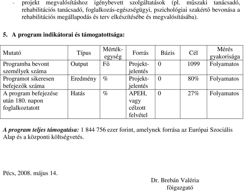 A program indikátorai és támogatottsága: Mutató Programba bevont személyek száma Programot sikeresen befejezık száma A program befejezése után 180.