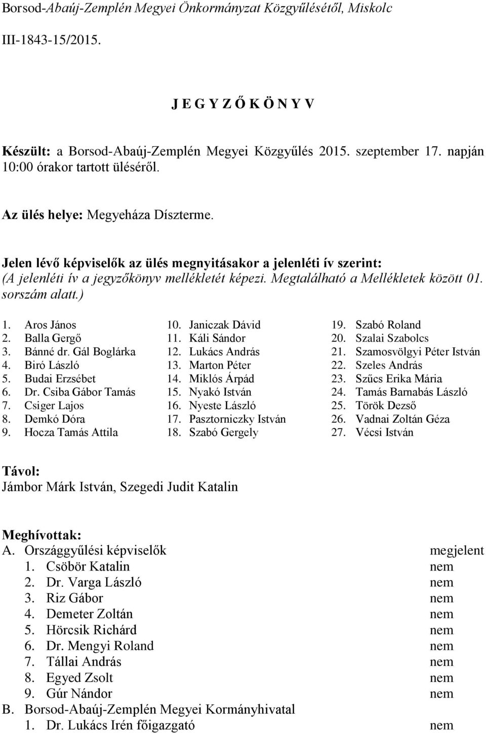 Megtalálható a Mellékletek között 01. sorszám alatt.) 1. Aros János 2. Balla Gergő 3. Bánné dr. Gál Boglárka 4. Biró László 5. Budai Erzsébet 6. Dr. Csiba Gábor Tamás 7. Csiger Lajos 8. Demkó Dóra 9.