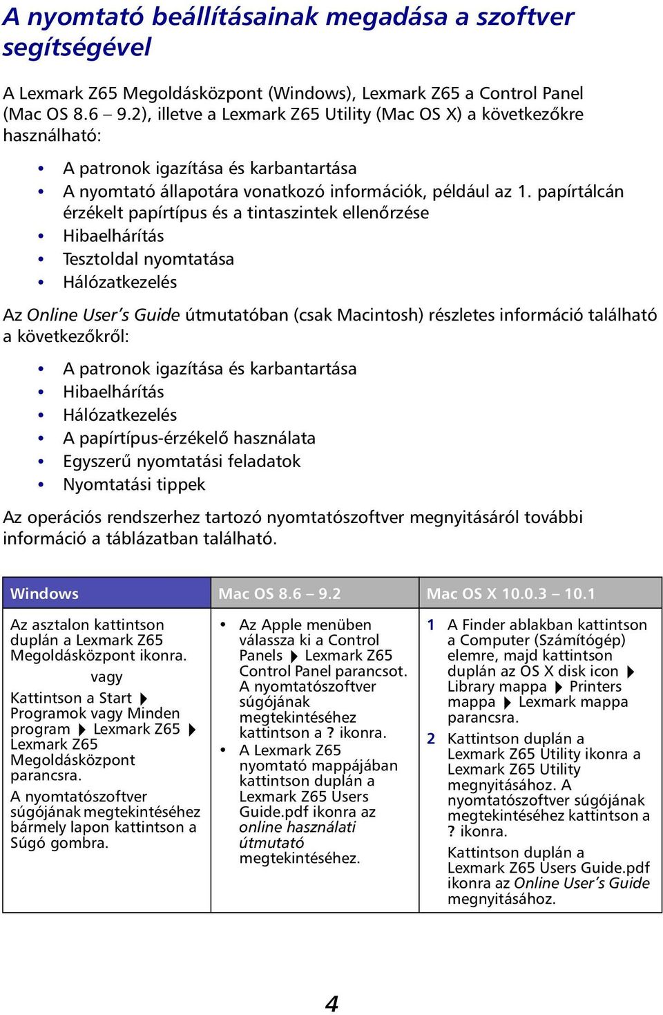 papírtálcán érzékelt papírtípus és a tintaszintek ellenőrzése Hibaelhárítás Tesztoldal nyomtatása Hálózatkezelés Az Online User s Guide útmutatóban (csak Macintosh) részletes információ található a