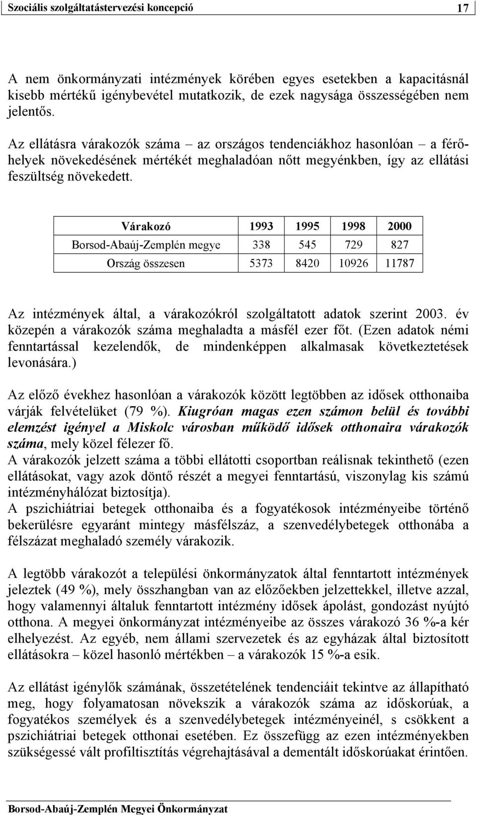 Várakozó 1993 1995 1998 2000 Borsod-Abaúj-Zemplén megye 338 545 729 827 Ország összesen 5373 8420 10926 11787 Az intézmények által, a várakozókról szolgáltatott adatok szerint 2003.