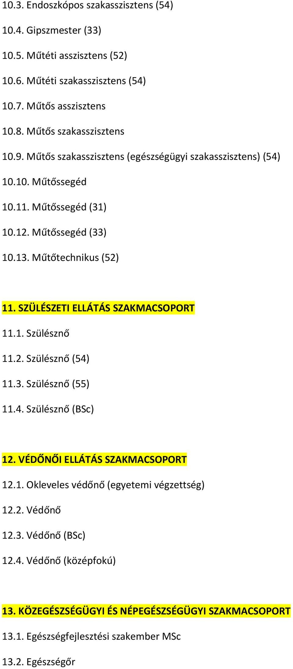 Műtőtechnikus (52) 11. SZÜLÉSZETI ELLÁTÁS SZAKMACSOPORT 11.1. Szülésznő 11.2. Szülésznő (54) 11.3. Szülésznő (55) 11.4. Szülésznő (BSc) 12. VÉDŐNŐI ELLÁTÁS SZAKMACSOPORT 12.