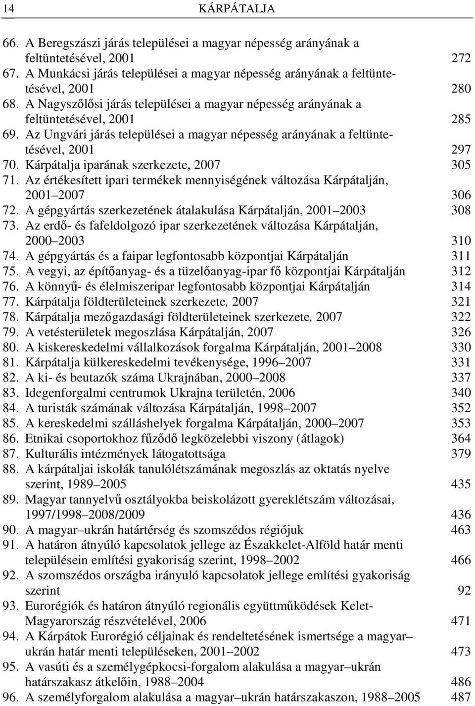 Kárpátalja iparának szerkezete, 2007 305 71. Az értékesített ipari termékek mennyiségének változása Kárpátalján, 2001 2007 306 72. A gépgyártás szerkezetének átalakulása Kárpátalján, 2001 2003 308 73.