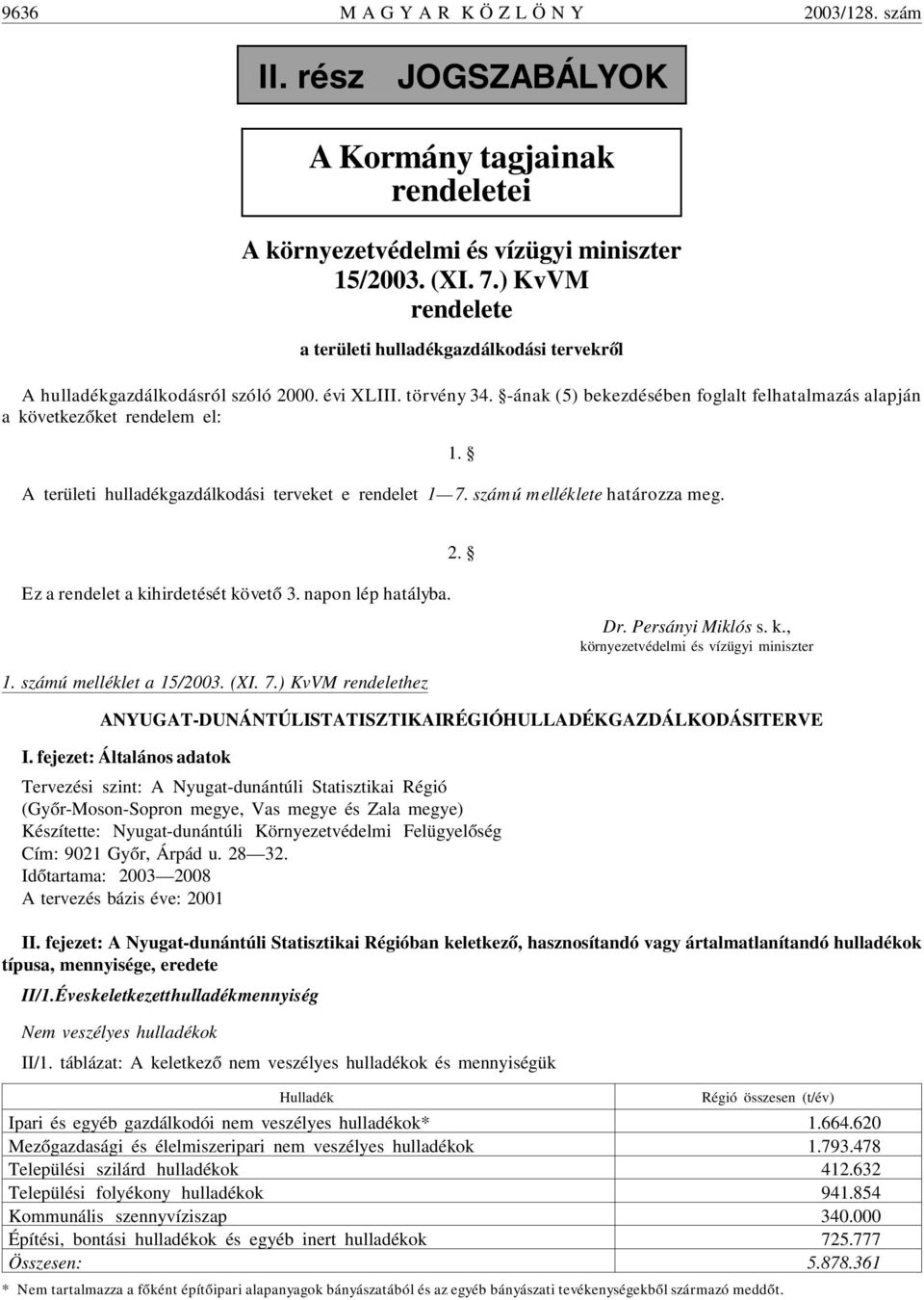 -ának (5) bekezdésében foglalt felhatalmazás alapján a következõket rendelem el: A területi hulladékgazdálkodási terveket e rendelet 1 7. számú melléklete határozza meg. 1. Ez a rendelet a kihirdetését követõ 3.