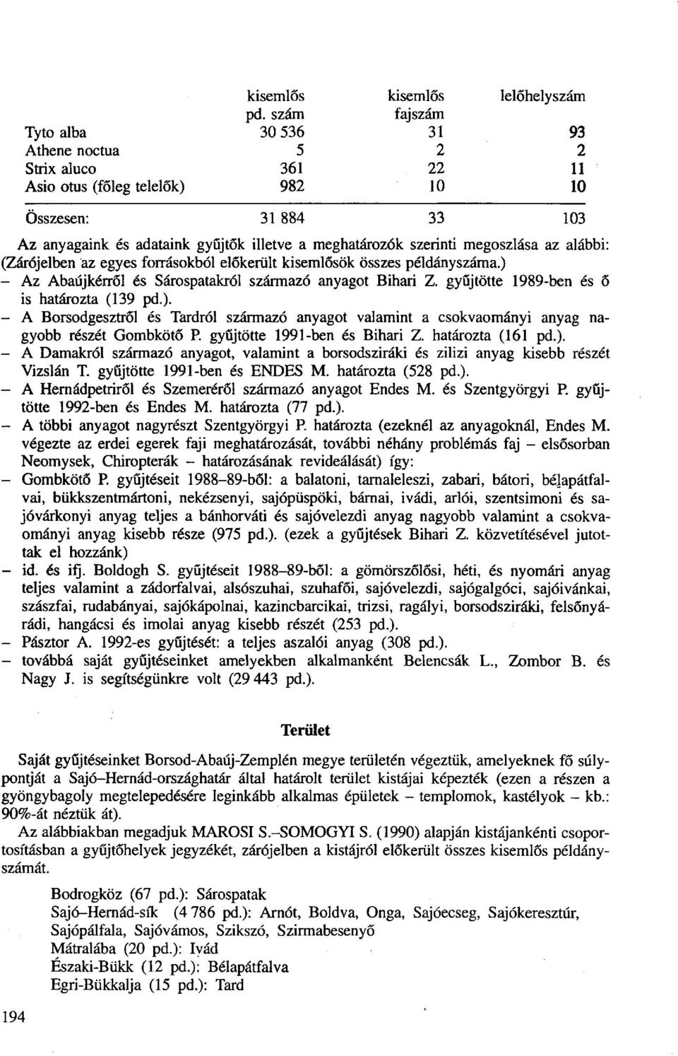 szerinti megoszlása az alábbi: (Zárójelben az egyes forrásokból előkerült kisemlősök összes példányszáma.) - Az Abaújkérről és Sárospatakról származó anyagot Bihari Z.