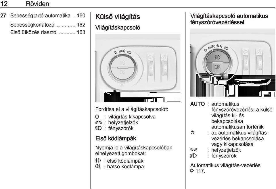 : helyzetjelzők 9 : fényszórók Első ködlámpák Nyomja le a világításkapcsolóban elhelyezett gombokat: > : első ködlámpák r : hátsó ködlámpa AUTO :