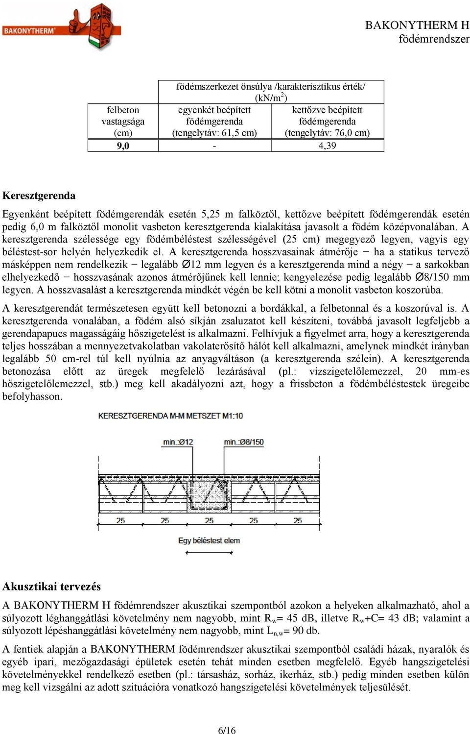 középvonalában. A keresztgerenda szélessége egy födémbéléstest szélességével (25 cm) megegyező legyen, vagyis egy béléstest-sor helyén helyezkedik el.