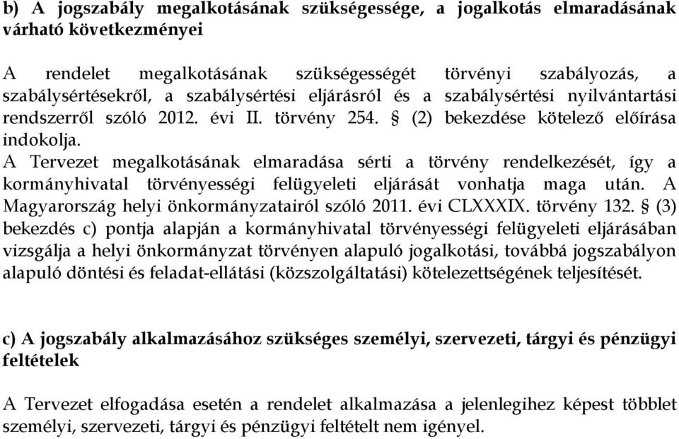 A Tervezet megalkotásának elmaradása sérti a törvény rendelkezését, így a kormányhivatal törvényességi felügyeleti eljárását vonhatja maga után. A Magyarország helyi önkormányzatairól szóló 2011.