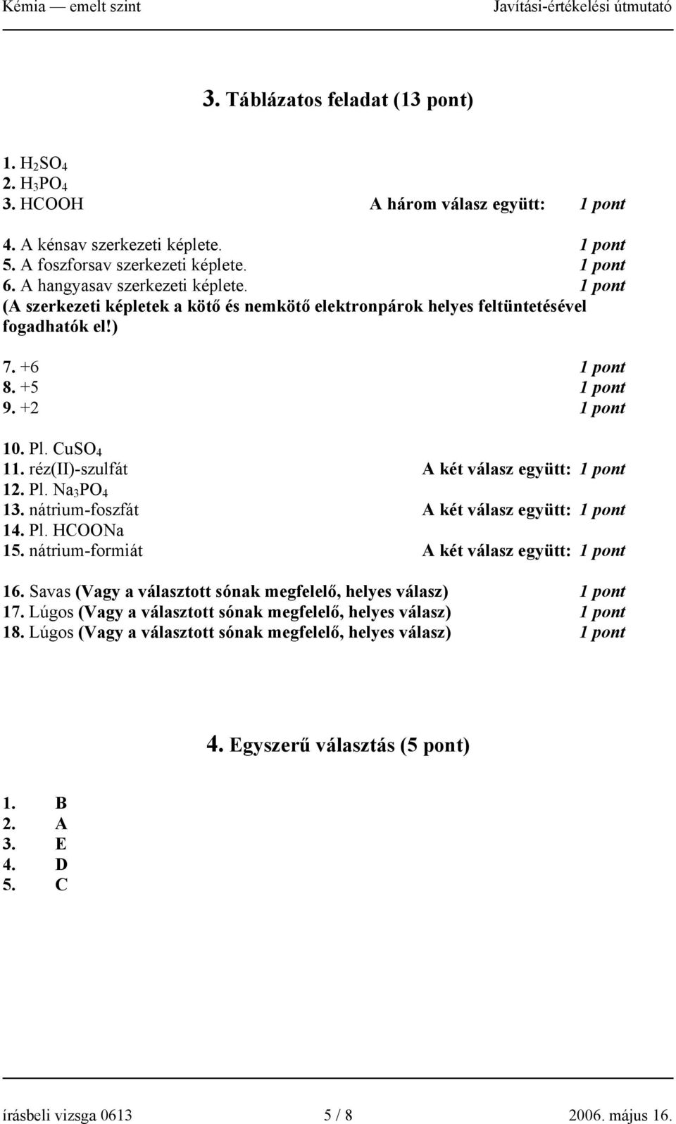 réz(ii)-szulfát A két válasz együtt: 12. Pl. Na 3 PO 4 13. nátrium-foszfát A két válasz együtt: 14. Pl. HCOONa 15. nátrium-formiát A két válasz együtt: 16.