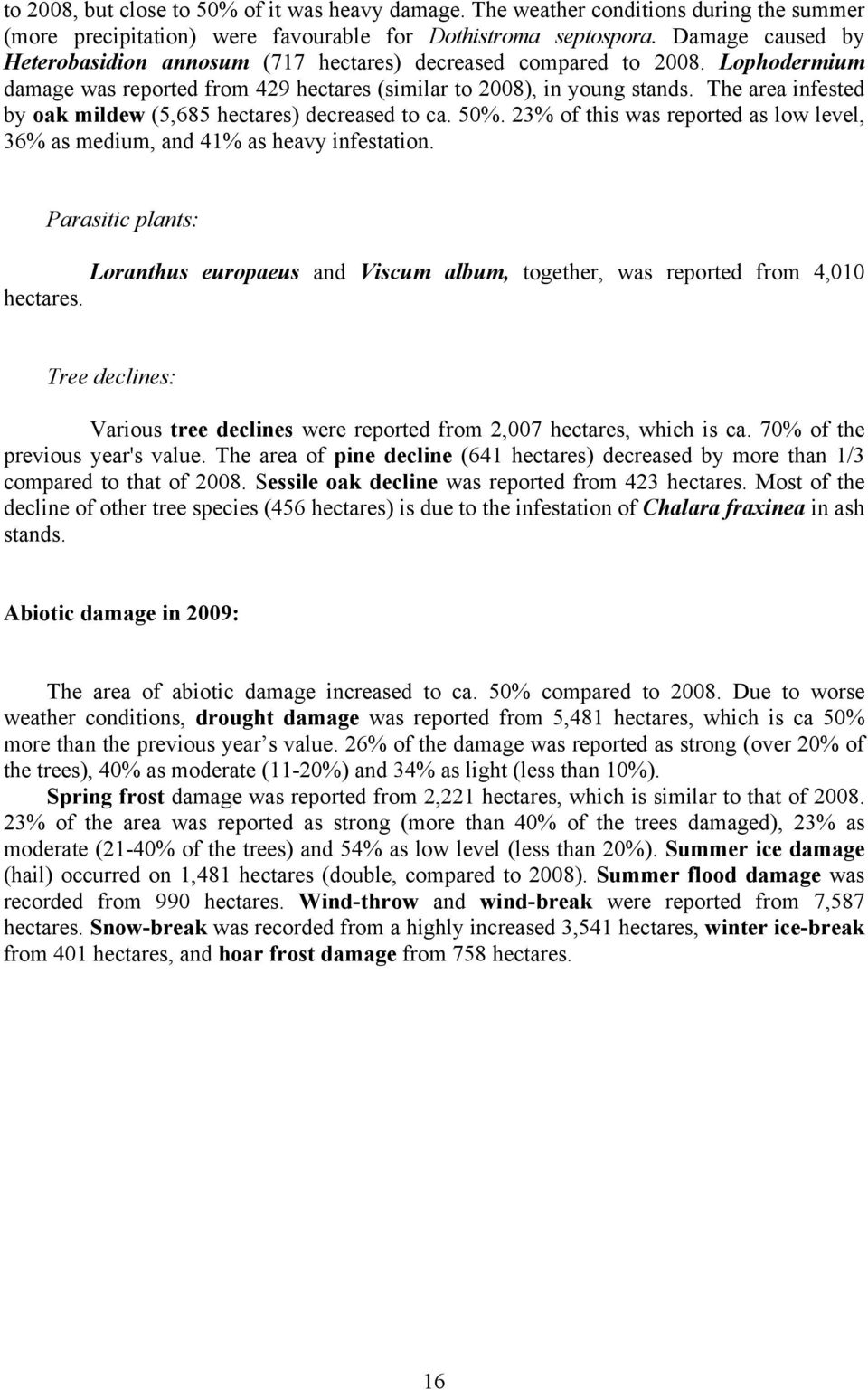 The area infested by oak mildew (5,685 hectares) decreased to ca. 50%. 23% of this was reported as low level, 36% as medium, and 41% as heavy infestation.