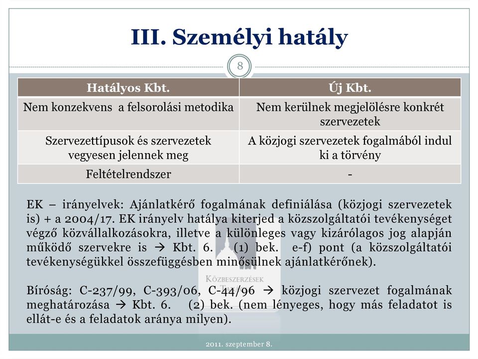 + a 2004/17. EK irányelv hatálya kiterjed a közszolgáltatói tevékenységet végző közvállalkozásokra, illetve a különleges vagy kizárólagos jog alapján működő szervekre is Kbt. 6. (1) bek.