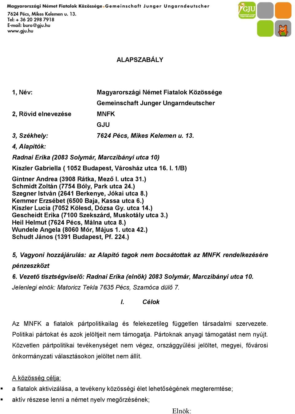 ) Schmidt Zoltán (7754 Bóly, Park utca 24.) Szegner István (2641 Berkenye, Jókai utca 8.) Kemmer Erzsébet (6500 Baja, Kassa utca 6.) Kiszler Lucia (7052 Kölesd, Dózsa Gy. utca 14.