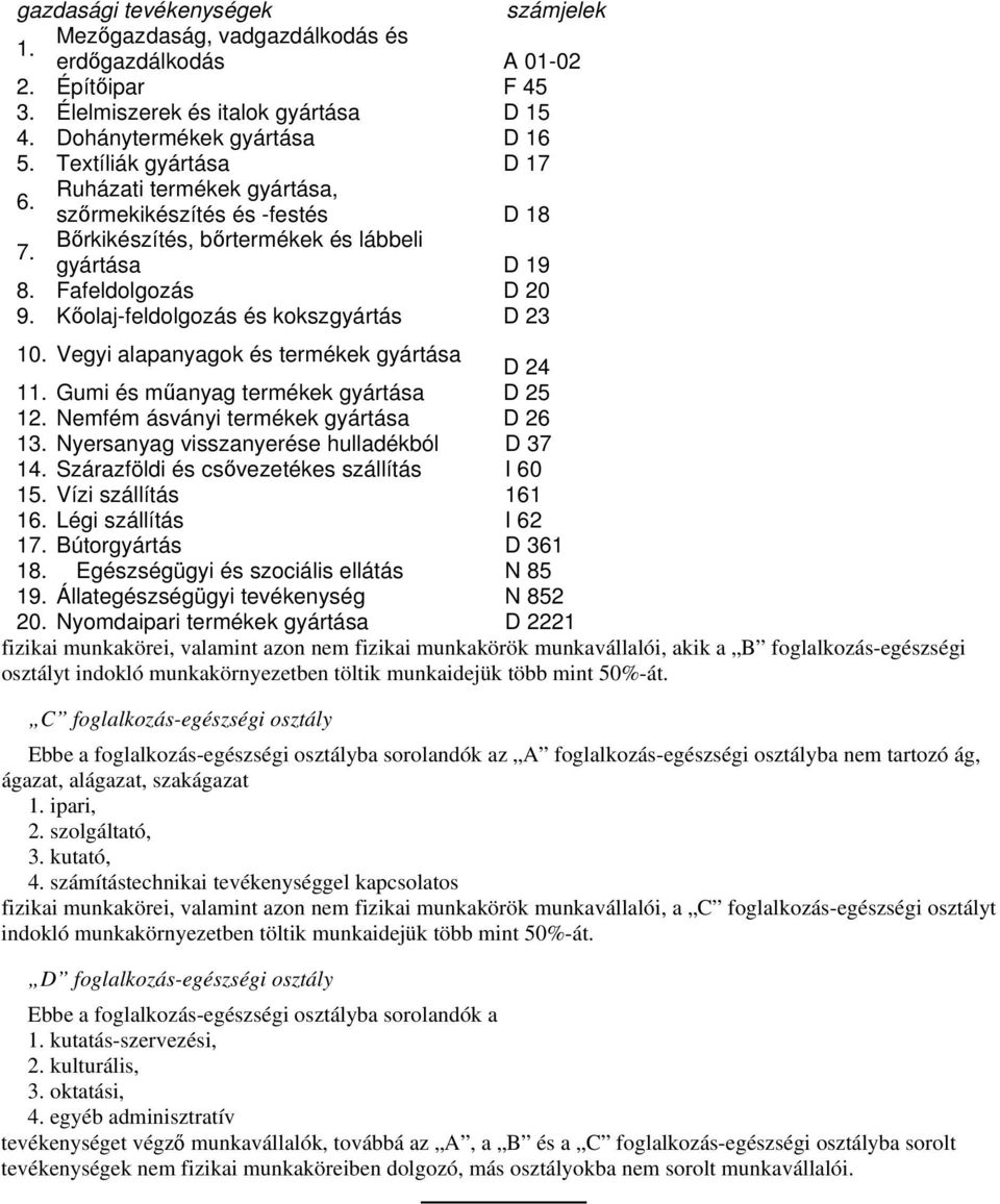 Kőolaj-feldolgozás és kokszgyártás D 23 10. Vegyi alapanyagok és termékek gyártása D 24 11. Gumi és műanyag termékek gyártása D 25 12. Nemfém ásványi termékek gyártása D 26 13.