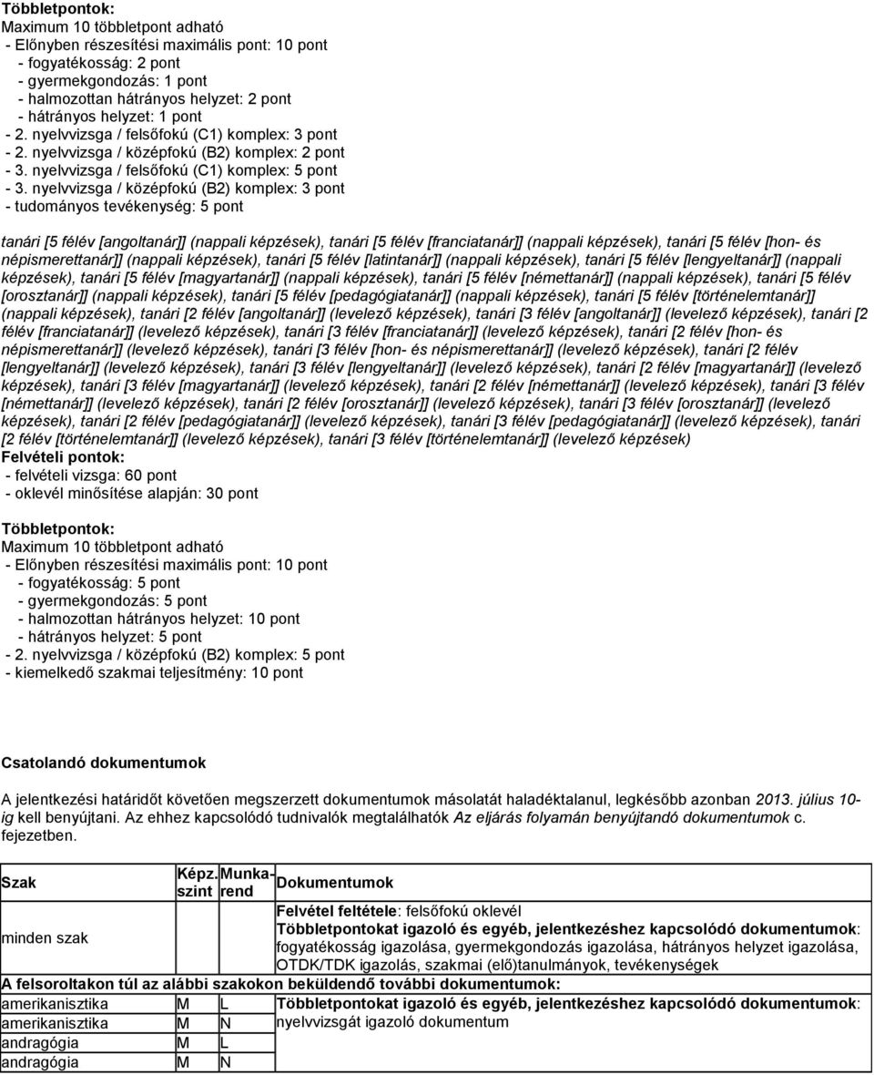 nyelvvizsga / középfokú (B2) komplex: 3 pont - tudományos tevékenység: 5 pont [angoltanár]] (nappali képzések), [franciatanár]] (nappali képzések), [hon- és népismerettanár]] (nappali képzések),