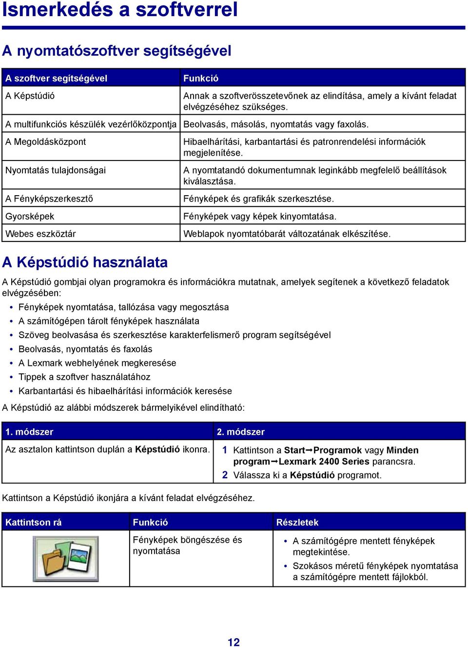 A Megoldásközpont Nyomtatás tulajdonságai A Fényképszerkesztő Gyorsképek Webes eszköztár A Képstúdió használata Hibaelhárítási, karbantartási és patronrendelési információk megjelenítése.