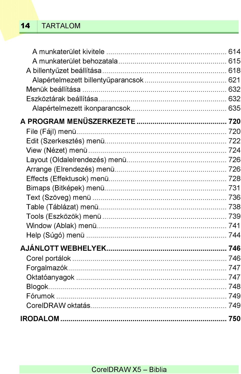 .. 724 Layout (Oldalelrendezés) menü... 726 Arrange (Elrendezés) menü... 726 Effects (Effektusok) menü... 728 Bimaps (Bitképek) menü... 731 Text (Szöveg) menü... 736 Table (Táblázat) menü.