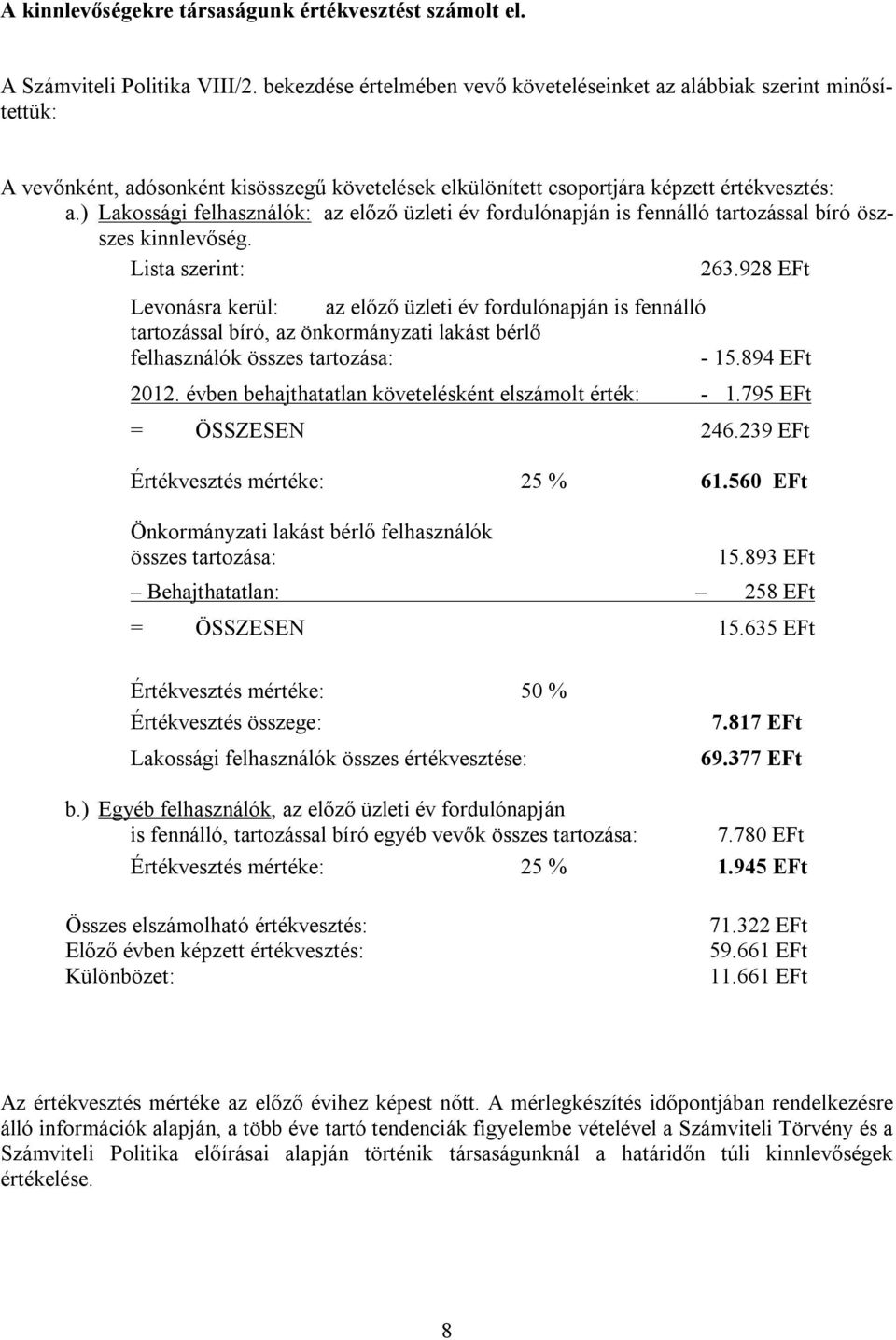 ) Lakossági felhasználók: az előző üzleti év fordulónapján is fennálló tartozással bíró öszszes kinnlevőség. Lista szerint: 263.