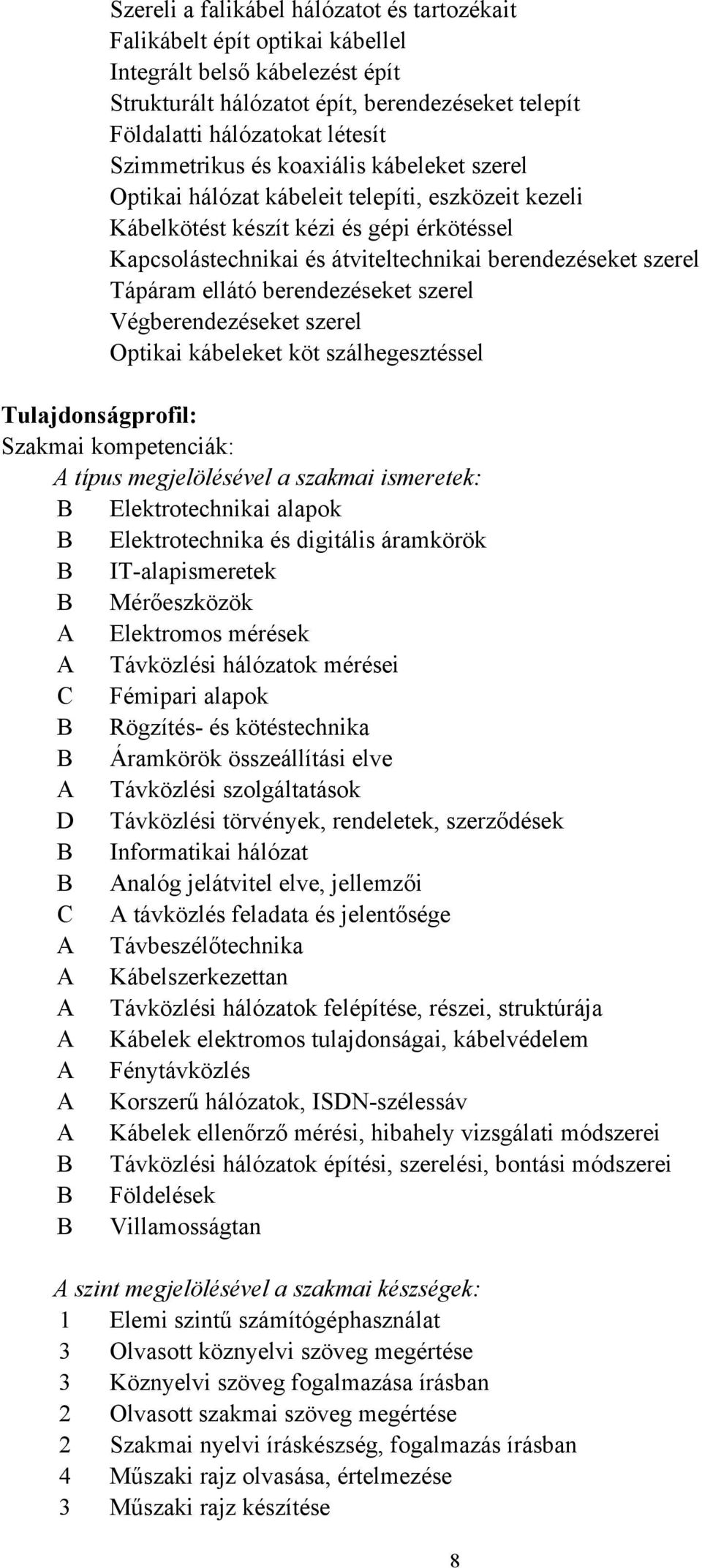 Tápáram ellátó berendezéseket szerel Végberendezéseket szerel Optikai kábeleket köt szálhegesztéssel Tulajdonságprofil: Szakmai kompetenciák: A típus megjelölésével a szakmai ismeretek: B