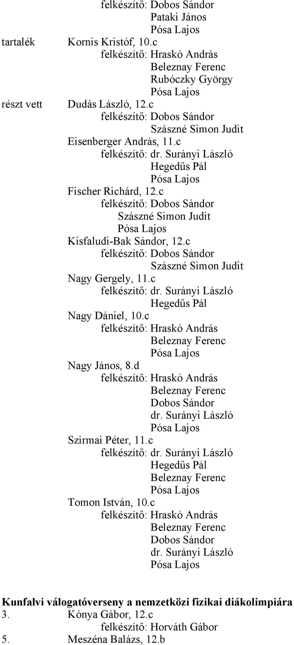 Surányi László Hegedűs Pál Nagy Dániel, 10.c Nagy János, 8.d Dobos Sándor dr. Surányi László Szirmai Péter, 11.c felkészítő: dr.