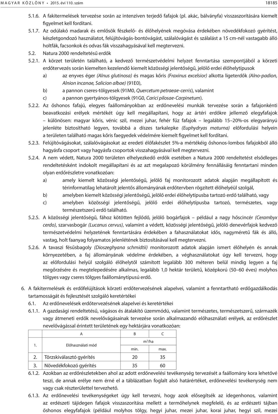 vastagabb álló holtfák, facsonkok és odvas fák visszahagyásával kell megtervezni. 5.2. Natura 2000 rendeltetésű erdők 5.2.1.