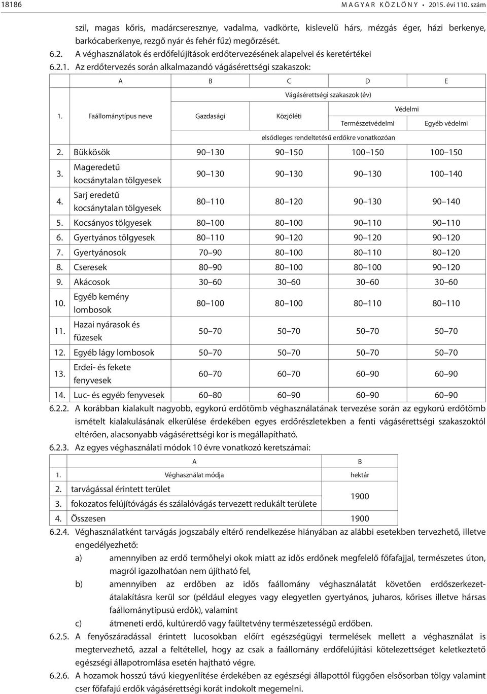 A véghasználatok és erdőfelújítások erdőtervezésének alapelvei és keretértékei 6.2.1. Az erdőtervezés során alkalmazandó vágásérettségi szakaszok: A B C D E Vágásérettségi szakaszok (év) 1.