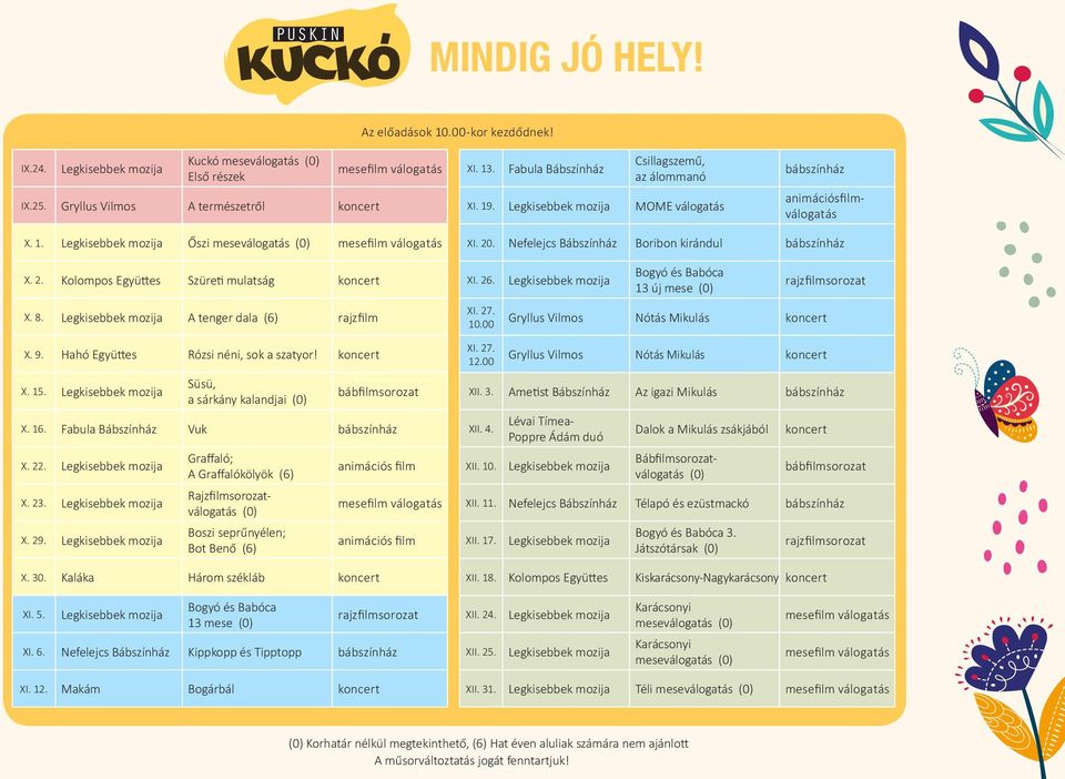 Nefelejcs Bábszínház Boribon kirándul bábszínház X. 2. Kolompos Együttes Szüreti mulatság koncert X. 8. Legkisebbek mozija A tenger dala (6) rajzfilm XI. 26. XI. 27. 10.