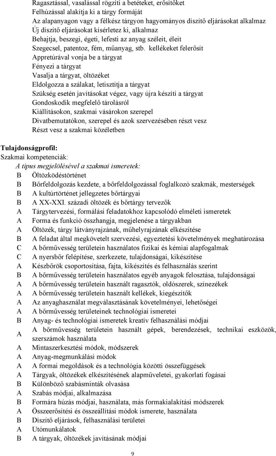 kellékeket felerősít Appretúrával vonja be a tárgyat Fényezi a tárgyat Vasalja a tárgyat, öltözéket Eldolgozza a szálakat, letisztítja a tárgyat Szükség esetén javításokat végez, vagy újra készíti a