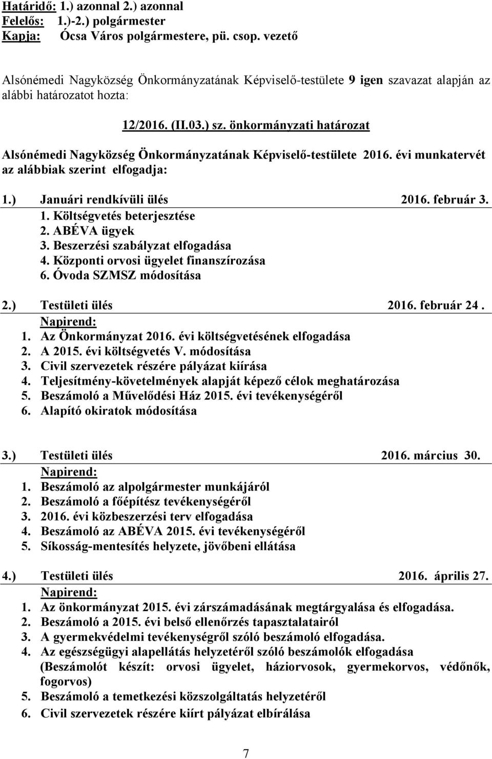 ABÉVA ügyek 3. Beszerzési szabályzat elfogadása 4. Központi orvosi ügyelet finanszírozása 6. Óvoda SZMSZ módosítása 2.) Testületi ülés 2016. február 24. 1. Az Önkormányzat 2016.