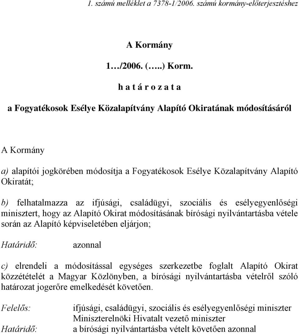 felhatalmazza az ifjúsági, családügyi, szociális és esélyegyenlőségi minisztert, hogy az Alapító Okirat módosításának bírósági nyilvántartásba vétele során az Alapító képviseletében eljárjon;