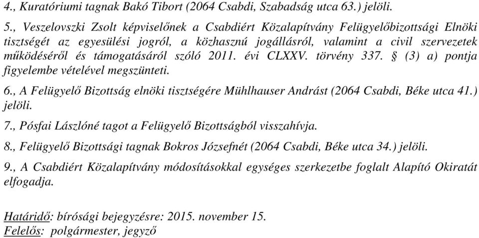 támogatásáról szóló 2011. évi CLXXV. törvény 337. (3) a) pontja figyelembe vételével megszünteti. 6., A Felügyelő Bizottság elnöki tisztségére Mühlhauser Andrást (2064 Csabdi, Béke utca 41.) jelöli.